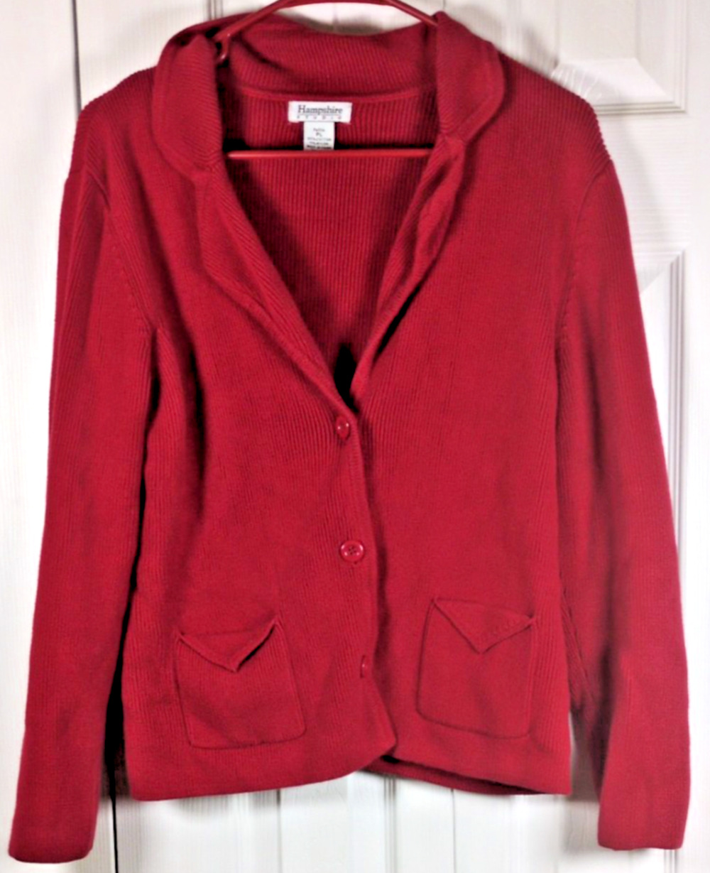 Vintage 90s Hampshire Studio Cardigan Sweater PL Petite Red Heavyweight Rib-Knit